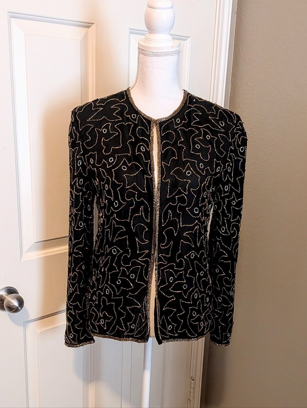 Vintage 80s Black Open-Front Jacket with Gold Beading